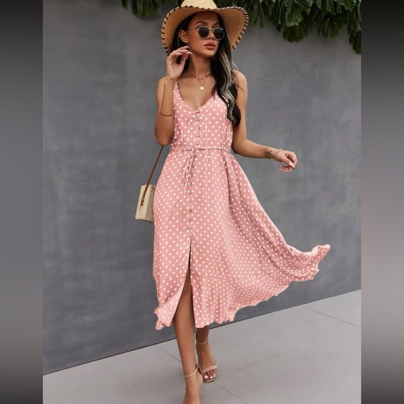 Boho polka dots print button detail drawstring waist cami dress - Picture 10 of 16